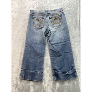 David Kahn Vintage Y2K Jeans Womens Sz 10 Blue Cuffed Crop Whiskered Faded Boho